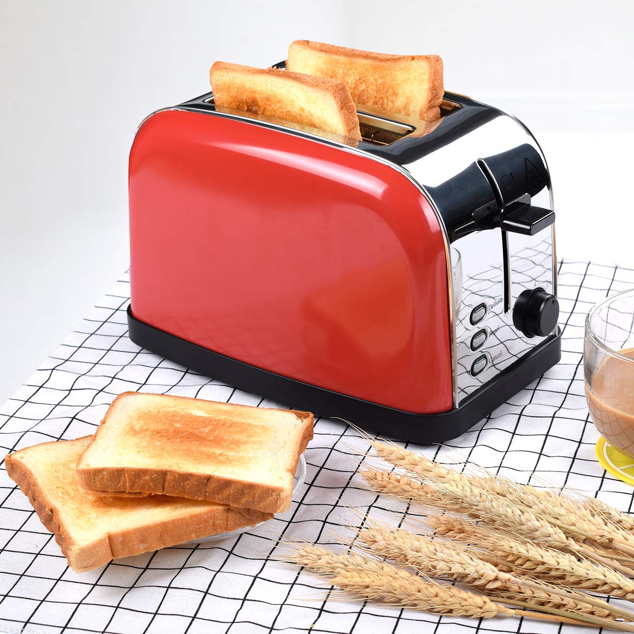 COSSCCI Red Toaster 2 Slice Brushed Stainless Steel Toaster with Wide Slots,Removable Crumb Tray,High Lift Lever, Reheat Defrost and 7 Shade Setting