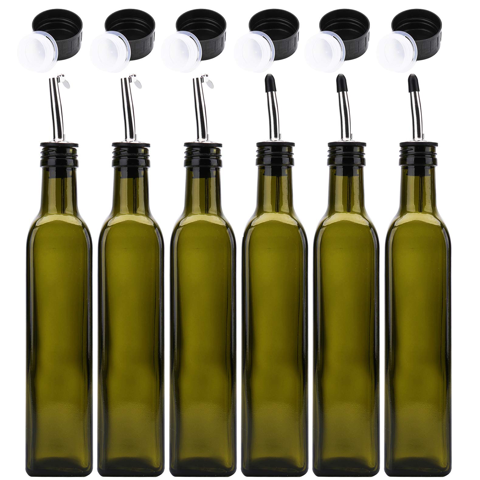 Kingrol 6 Pack 8 oz Glass Olive Oil Dispenser Bottles, Oil and Vinegar Cruets with Stainless Steel Pourer Spouts, Non-Drip Oil Bottles for Kitchen (Green)