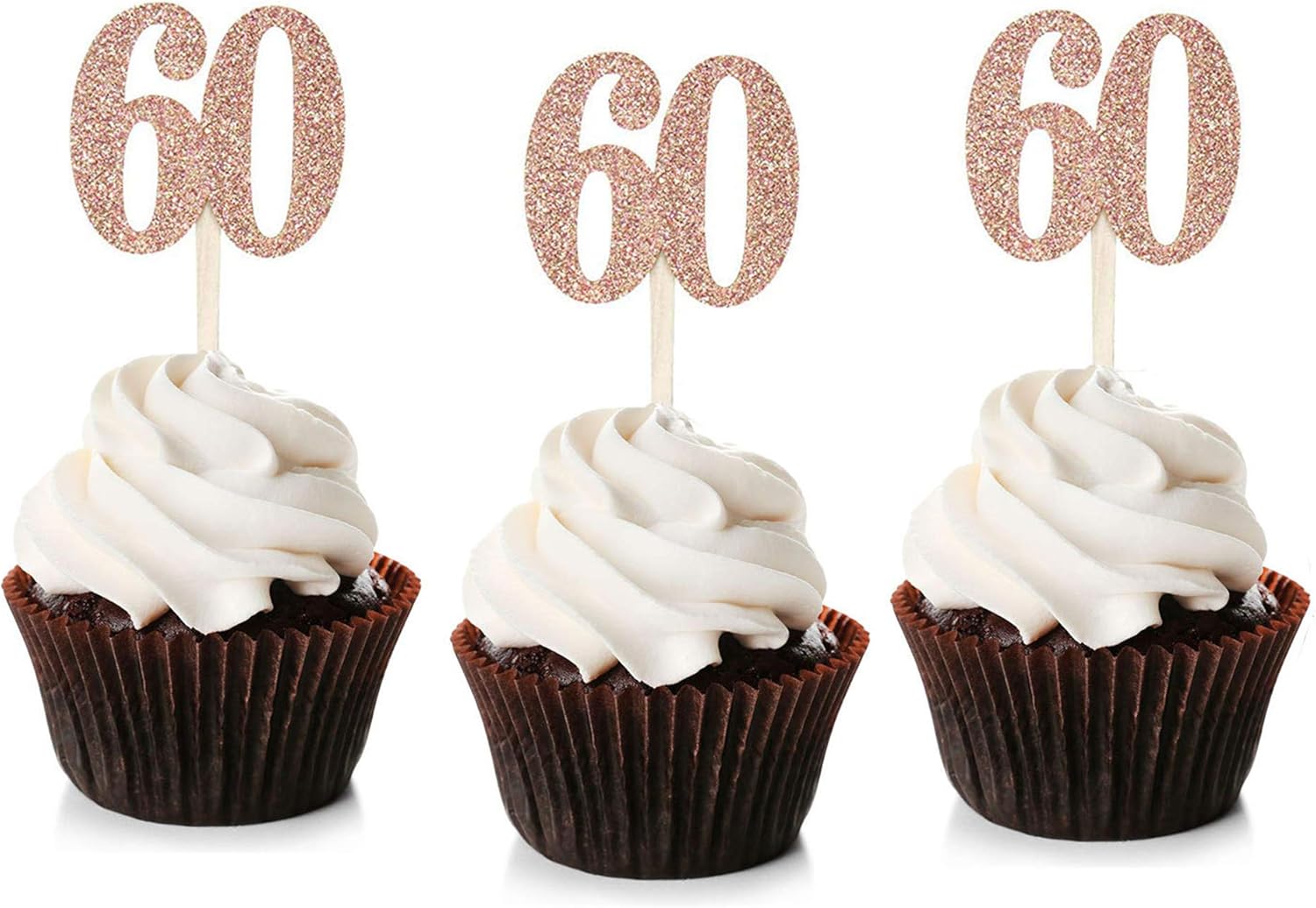 Unimall 24PCS Rose Gold Glitter Number 60 Cupcake Toppers 60th Birthday