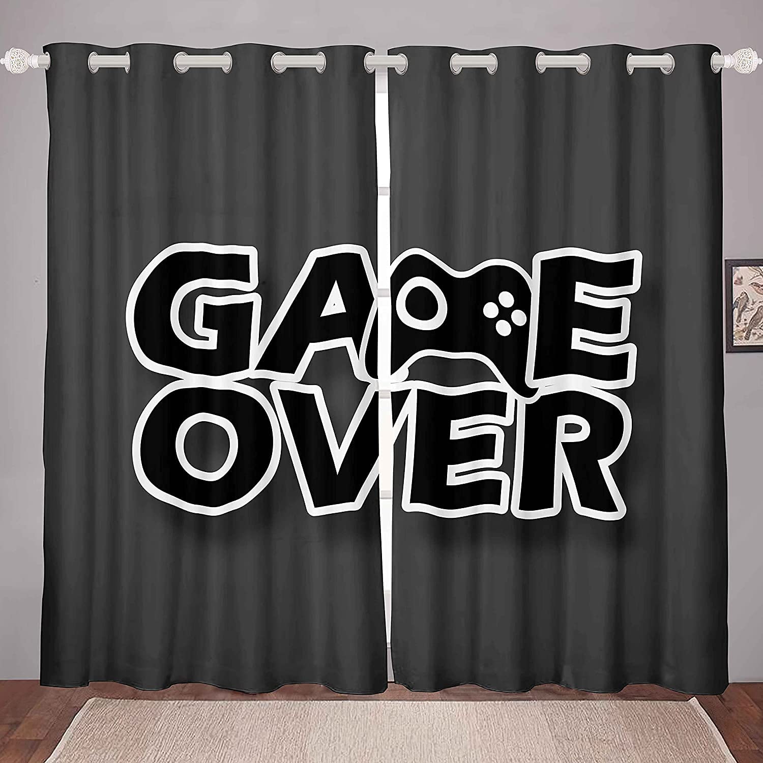 Loussiesd Gamer Curtains for Boys Bedroom Gaming Window Curtains Black Grey Room Decor Teens Video Game Window Drapes for Kids Game Over Themed Window Treatments W52*L63