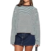 Women Long Sleeve Shirt Crew Neck Drop Shoulder Cropped Striped Sweatshirt Oversized Pullover Grunge Top Streetwear