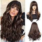 GNIMEGIL 25 INCH Long Curly Wigs for Women Hair with Air Bangs Natural Hairstyle Brown with Highlights Blonde Dilay Wear Synthetic Wig