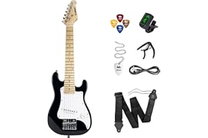 Aubegne AST-110C 30 Inch Kids Electric Guitar Beginner Kit, Mini ST Style Black, Comes with Tuner, Capo, Strap, Picks, Cable, Pick Necklace