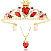 Tihebax Queen of Hearts Crown and Necklace Set for Adult Women Hair Accessories, Red Heart Crystal Tiara for Women - Princess Peach Crown Descendants Inspired Costume Accessories for Halloween, Parties, and Cosplay