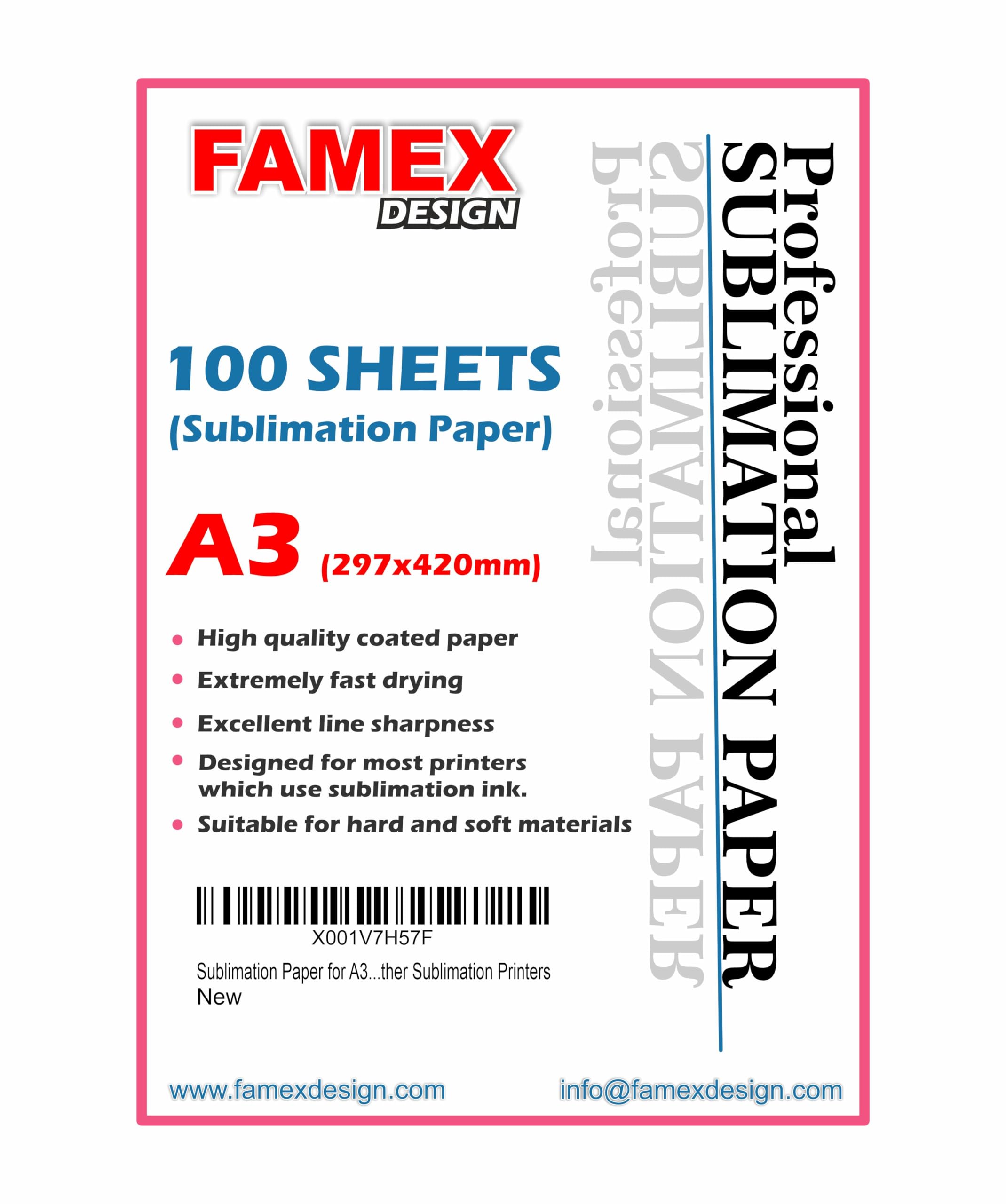 Sublimation Paper for A3-100 Sheets, Compatible with Epson, Sawgrass, Ricoh, Brother Sublimation Printers