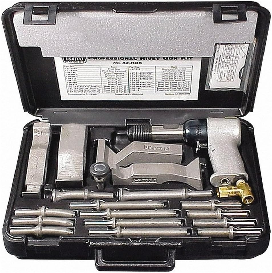 Pneumatic Rivet Tool Kit, Includes Springs, Power Regulator, Rivet Sets (.401 Shank), 3X Riveting Air Hammer, Bucking Bars (22 Piece Kit)