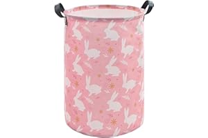 KUNRO 15.7 inch Round Bunny Easter Basket for Kids Toy Bin Waterproof storage Basket for Laundry Hamper Pink Rabbit Baskets For Girl Hunt Bags for Eggs Toys Party Favor Best Gift for Easter