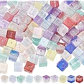 PONABEADIY 1 Box 100PCS 10 Colors Cube Glass Beads with Holes Mixed Color Assorted Square Shaped Clear Transparent Spacer Looses Bead Bulk for Jewelry Making Necklace Bracelets DIY Crafts Supplies