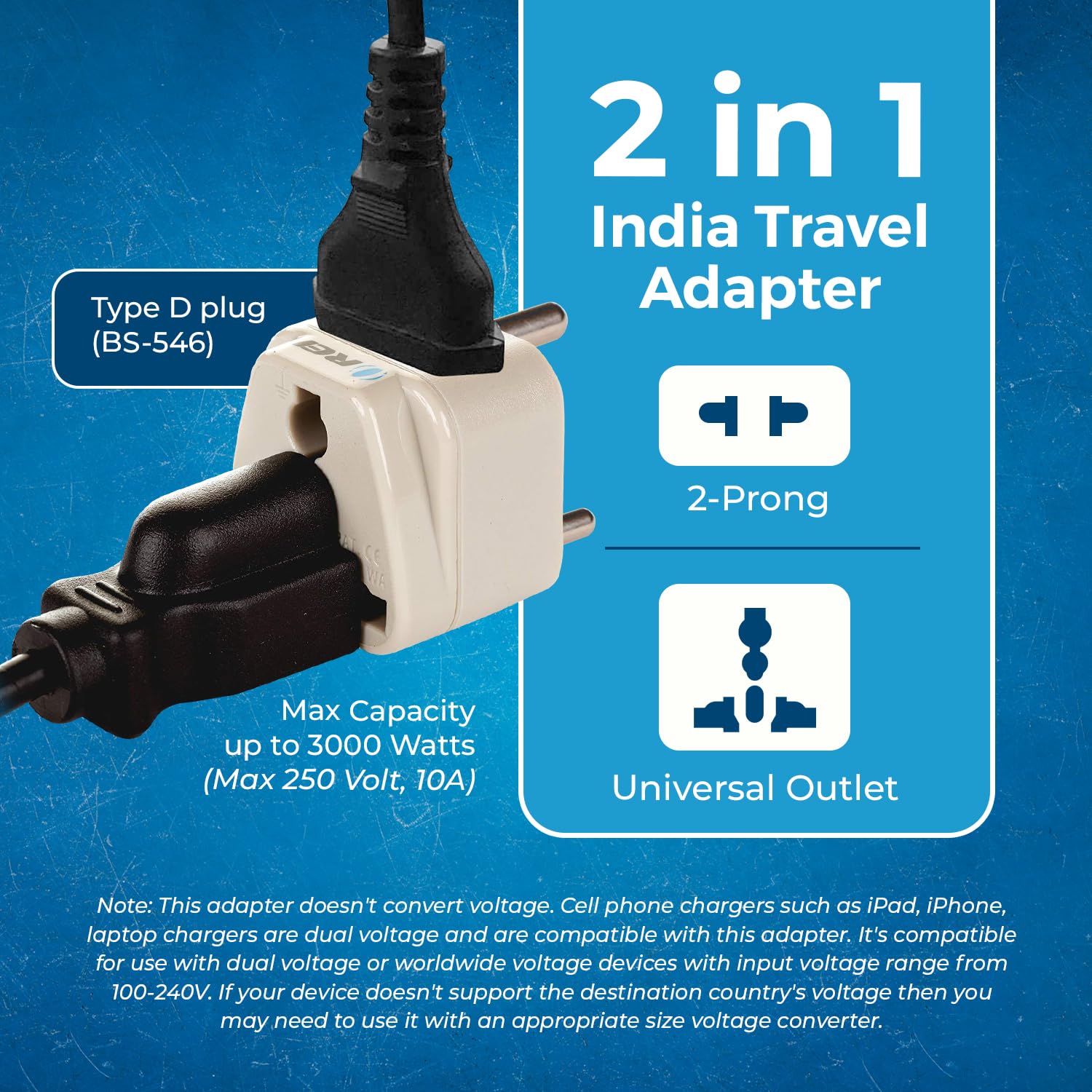 Orei Grounded Universal 2 in 1 Plug Adapter Type D for India and More