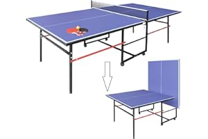 HIMCUP Mid-Size Table Tennis Table, Foldable & Portable Professional Ping Pong Table for Indoor & Outdoor Games with Net, 2 Table Tennis Paddles and 3 Balls,Easy to Assemble (Blue, 8FT)