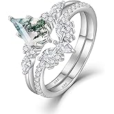 Fahonie Natural Moss Agate Ring for Women 925 Sterling Silver Kite Cut Moss Agate Engagement Ring Set Moissanite Promise Rings Wedding Band Birthday Anniversary Jewelry Gift for Her