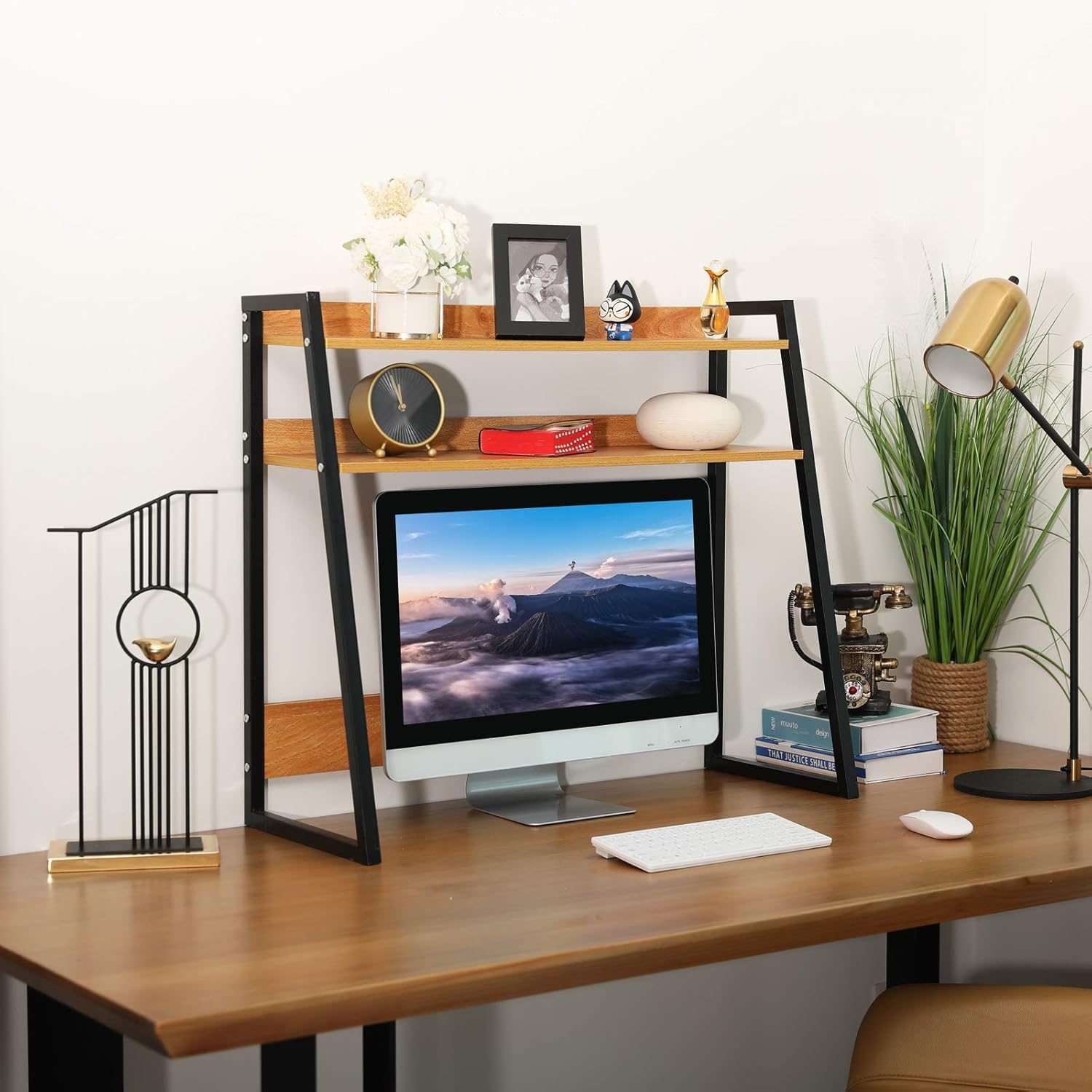 Desktop Bookshelf Wooden Bookcase ,X-cosrack Computer Desk Bookshelf Hutch Storage Organizer Shelves Rack for Office Supplies Organizer, Home Decor 2-Tier Brown: Kitchen & Dining