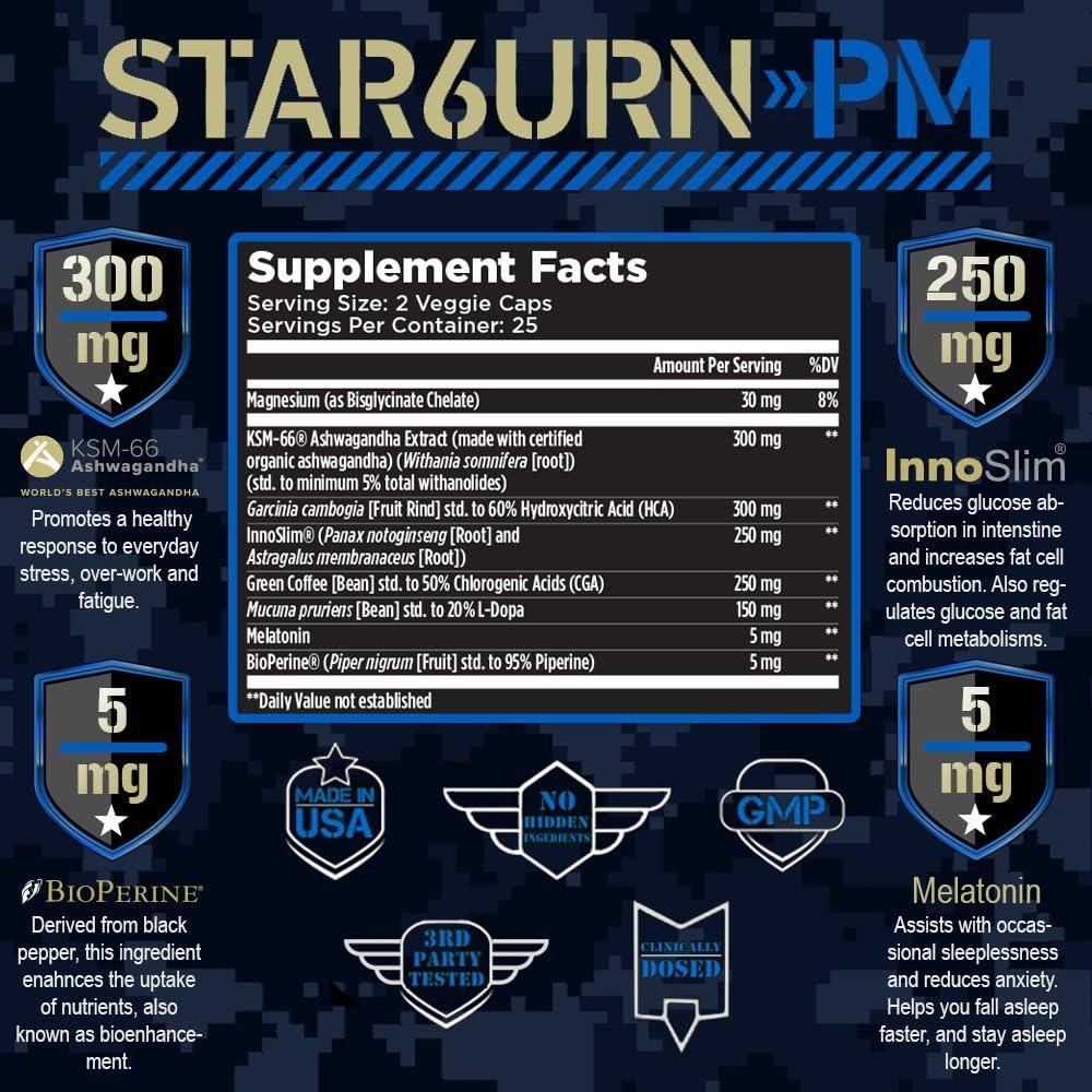 T6 STAR6URN-PM – Fat Burner and Sleep Aid for Muscle-Preserving Weight Loss and Stress Relief, Green Coffee Bean and Garcinia Cambogia Extract, 50 veggie caps: Health & Personal Care