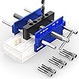 BLEKOO Upgraded 6.7 inch Self Centering Doweling Jig Kit, Drill Jig For Straight Holes Biscuit Joiner Set With 6 Drill Guide Bushings, Adjustable Width Drilling Guide Power Tool Accessory Jigs (Blue)
