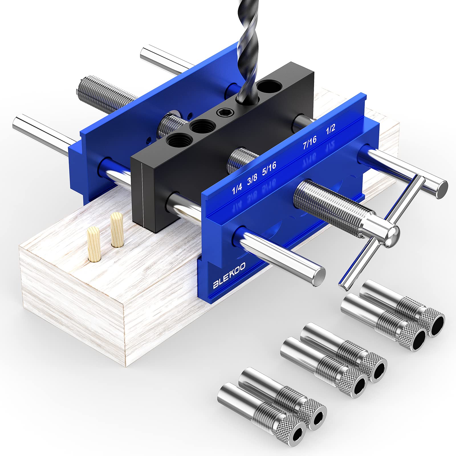 Photo 1 of BLEKOO Upgraded 6.7 inch Self Centering Doweling Jig Kit, Drill Jig For Straight Holes Biscuit Joiner Set With 6 Drill Guide Bushings, Adjustable Width Drilling Guide Power Tool Accessory Jigs (Blue)