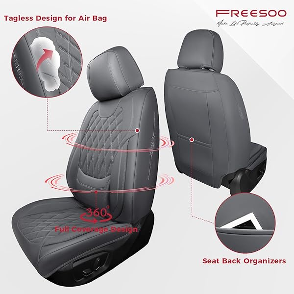 FREESOO GRAY CAR SEAT COVER FULL SET – FAUX NAPPA LEATHER SEAT COVERS FOR CARS, LUXURY BREATHABLE WATERPROOF FRONT SEATS CUSHION PROTECTORS WITH LUMBAR SUPPORT, UNIVERSAL FIT FOR SEDANS SUVS PICKUPS
