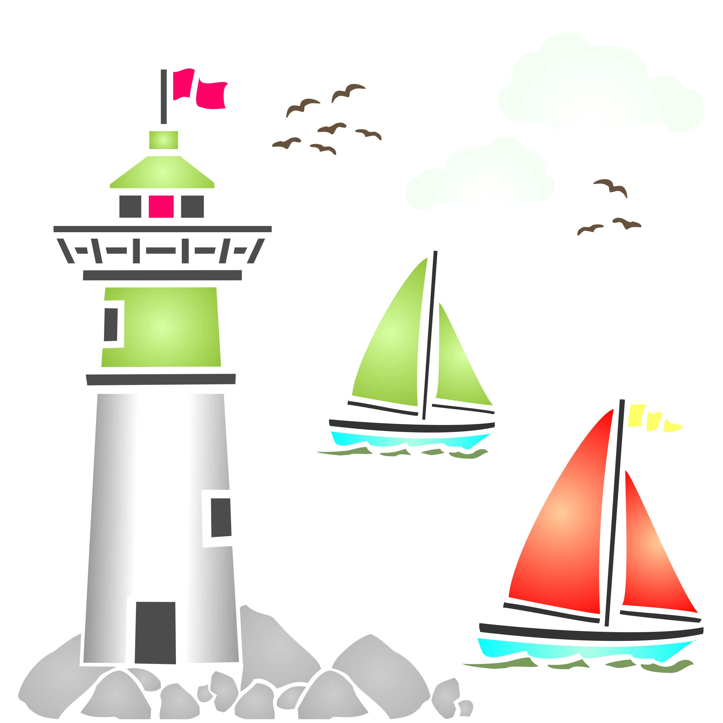 Lighthouse Stencil - 11.5cm x 11.5cm (S) - Reusable Sea Ocean Nautical Sailboat Clouds Wall Stencil Template