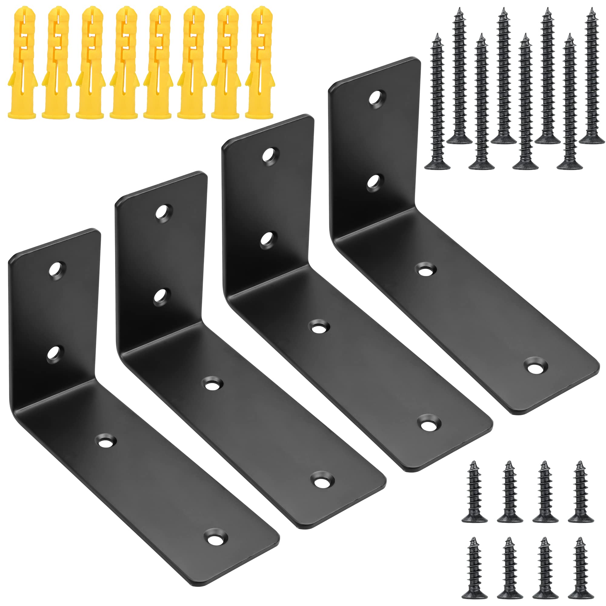 Shelf Brackets Heavy Duty, 45mm Thick L Shape Right Angle Corner Bracket Floating Shelf Support Matte Black Wall Brackets Industrial Scaffold Shelf Brackets with Screw & Anchors, 4 Pcs(5" x 3")