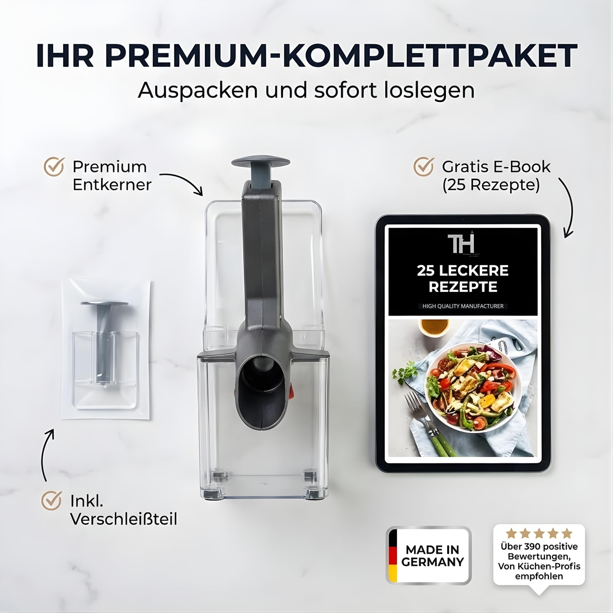 Thiru Premium Kirschentkerner (inkl. Verschleißteil) - hohe Entkernleistung - 100 Tage testen - frische, konservierte, tiefgekühlte Kirschen - mit Spritzschutz - inkl. 25 Rezepte - Made in Germany 6