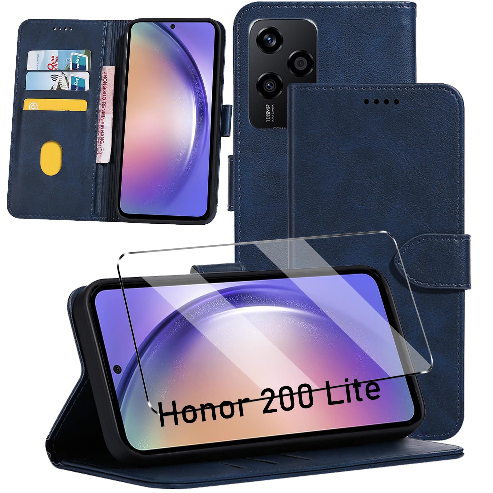 HuiYouMY 2-in-1 Case Compatible with Honor 200 Lite Leather Phone Case, Wallet Case Cover [Card Slots] [Kickstand] Magnetic Closure Full Protection Book Folio Design wallet flip phone case - Navy