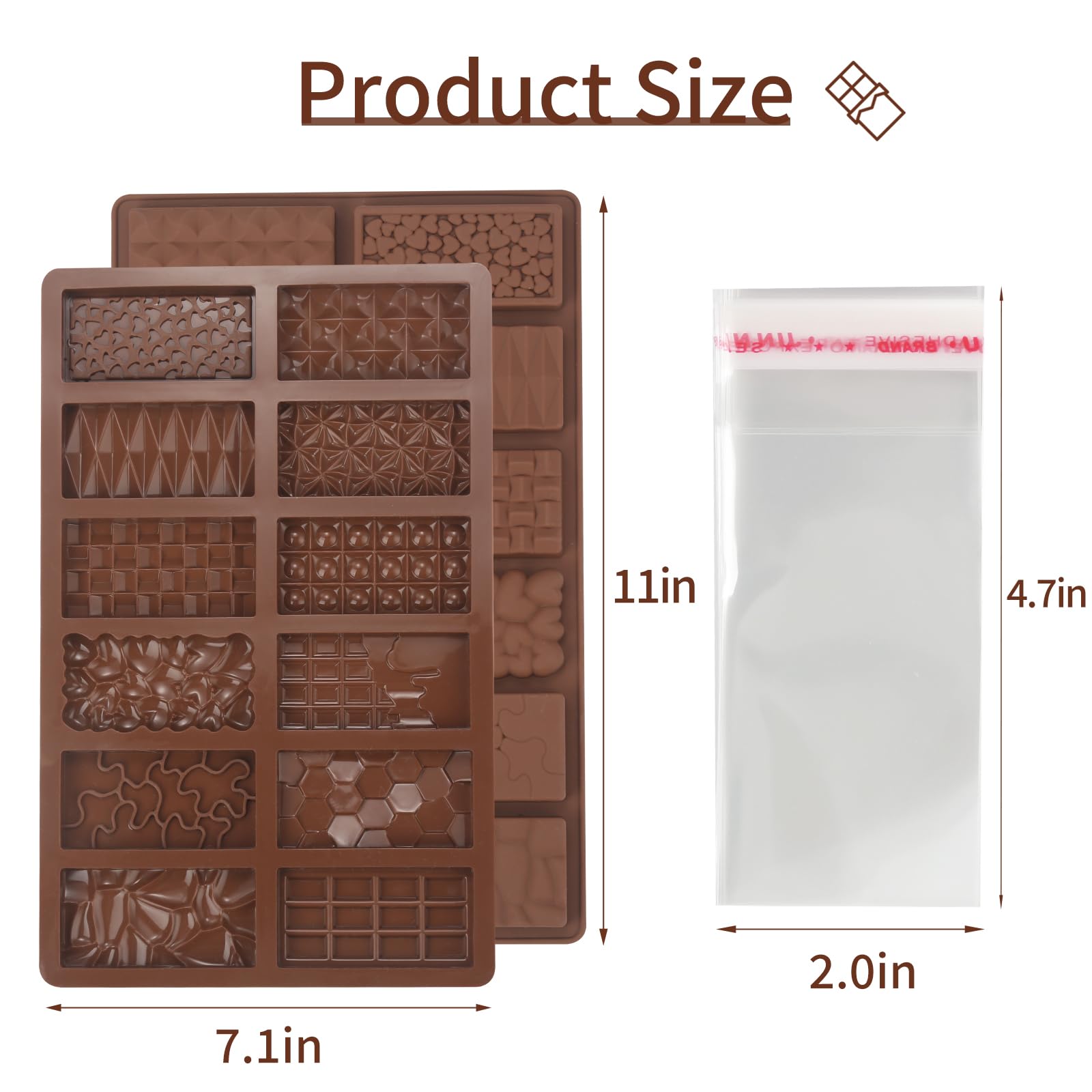 Chocolate Molds, 2Pcs Mini Silicone Chocolate Bar Mold with 100Pcs Bags, Break Apart Non-stick Small Chocolate Candy Bar Molds Wax Melt Molds for Chocolate Bar