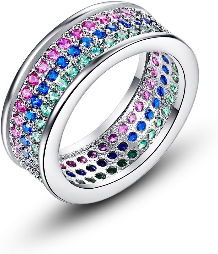 Empsoul Women 925 Sterling Silver Plated Wide Band Micro Pave Pink Tourmaline Eternity Round Wedding Ring Size 10