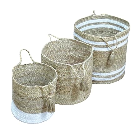 Printshoppie Handcrafted Woven Round Floral Pots Bag Natural Jute & Cotton Plant Bag Pot Bags for All Plants Home Room Hall Decor Indoor Outdoor Plant Sack (Set of 3) (Beige-White)