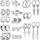 KWUNCCI Men's Earrings, 15 Pairs Hoop, Surgical Stainless Steel, Black Cross Dangle Hoop Earrings Set