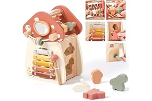 Youuys Wooden Activity Cube - 11-in-1 Montessori Toys for 1+ Year Old Boys & Girls, Multipurpose Educational Sensory Toys for Toddler, First Birthday Gift, Busy Board Toys for 18 Months (Mushroom)