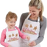 2 Pack Christmas Matching Aprons for Kids and Adults, Christmas Baking Crew Aprons for Bakers, White Xmas Kitchen Aprons with 2 Pockets for Cooking Baking, Cute Holiday Apron Gift for Family Friends