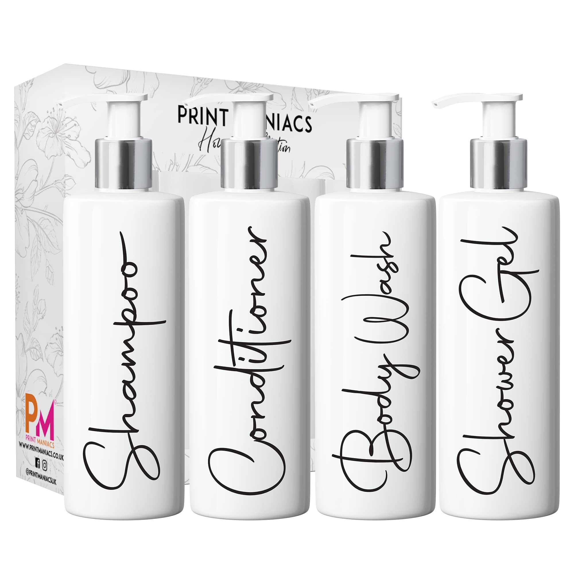 Print Maniacs White Mrs Hinch Inspired Personalised 500ml Pump Bottles Bathroom Lotion Kitchen Set Shampoo Conditioner ( Shower Gel Set, F2 ) (Black)