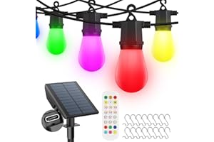 CKCOEO Solar Outdoor String Lights,48FT Color Changing String Lights with 16 Shatterproof LED Bulbs & Remote,Dimmable Solar String Lights Outdoor Waterproof for Outside Christmas Patio Party Decoration