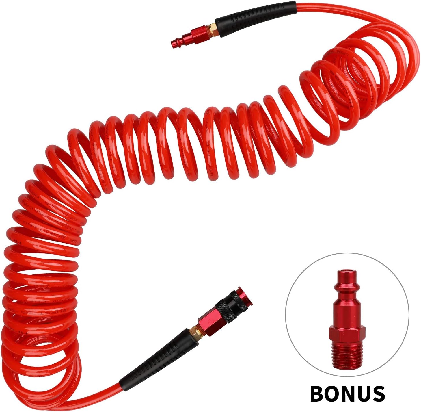 Hromee 1/4 in x 25 ft Polyurethane Recoil Air Hose with Bend Restrictors Compressor Hose with 1/4" Industrial Universal Quick Coupler and I/M Plug Kit, Red - - 