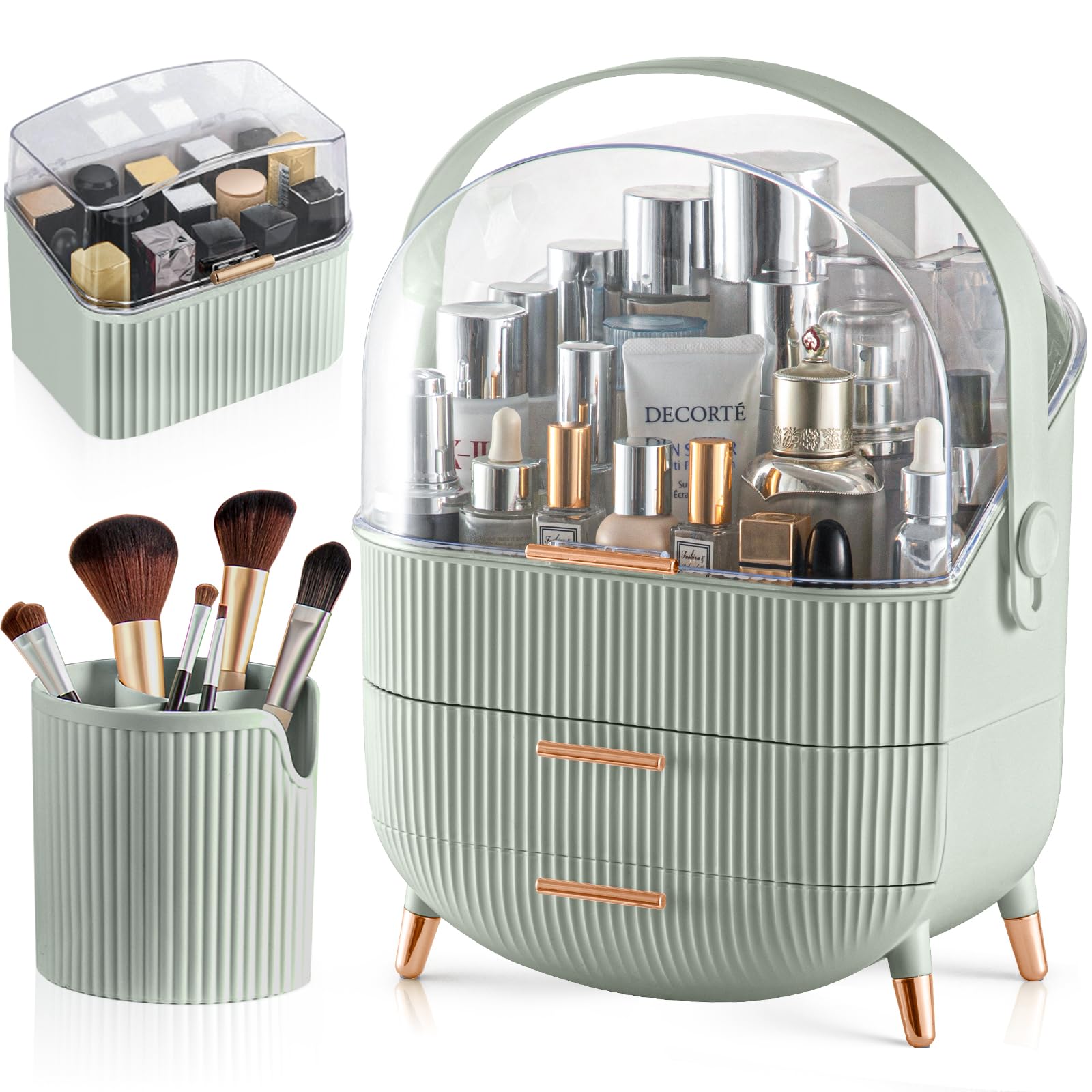 Photo 1 of CANITORON Makeup Organizer,Skincare Organizer with 2 Drawers and Brush Storage Box,Lipstick Holder,Cosmetic Display Case for Vanity Organizer and Bathroom Countertop Storage.(Sage Green)