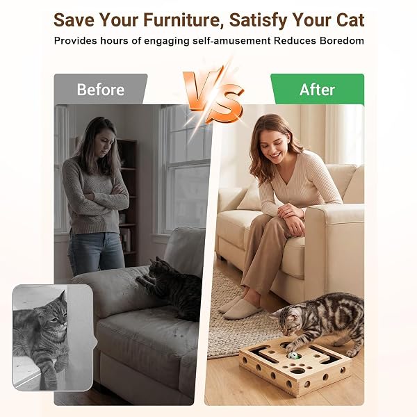 CAT NAIL FILE SCRATCH ENRICHMENT BOX,ADVANCED CAT SCRATCH PUZZLE ENRICHMENT MAZE BOX, NAIL FILE STRESS FREE CAT SCRATCHER FOR INDOOR CATS,WITH SANDPAPER AND 3 BELL BALLS