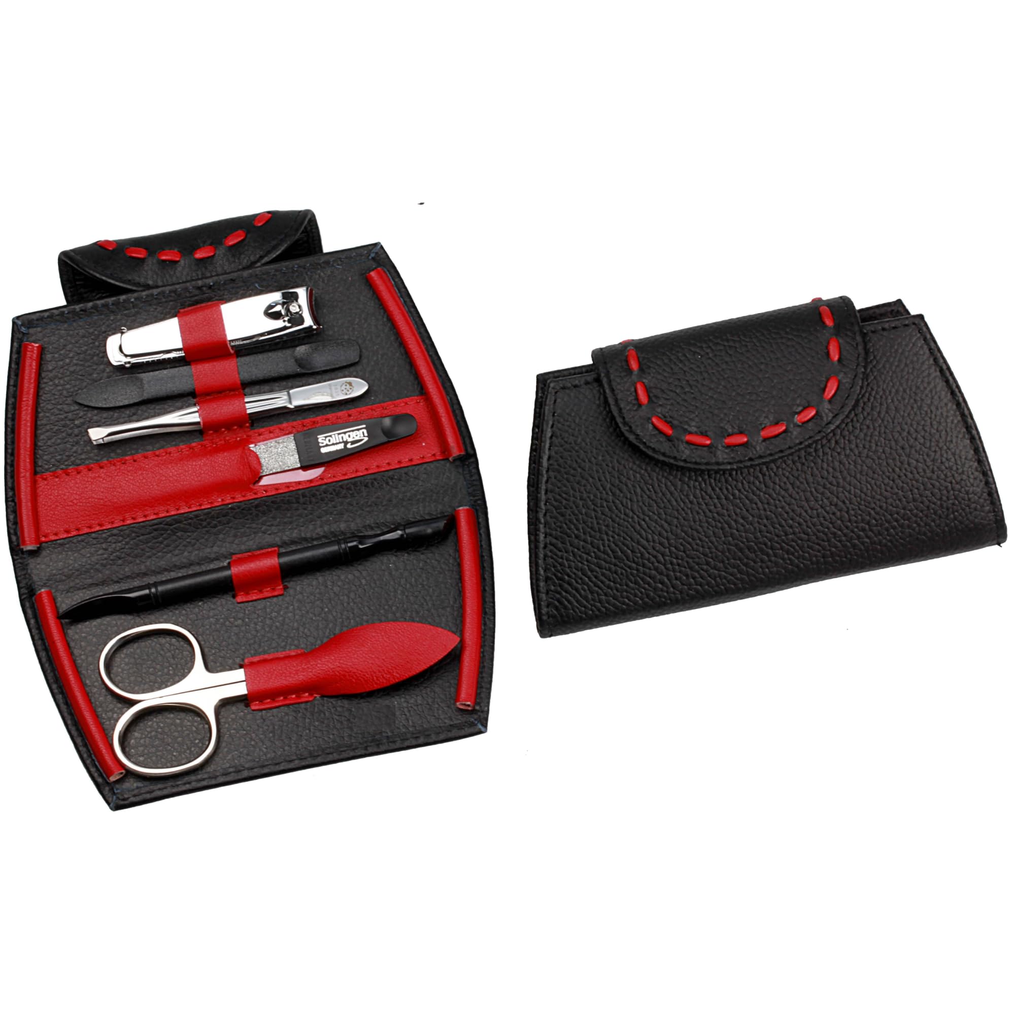 Sonnenschein by Hans Kniebes - Manicure Set 6 Pieces - Nail Scissors, File, Tweezers, Hoof Stick, Cleaner, Clippers - Nail Care Set Manicure Case Made of Cowhide Leather Black/Red