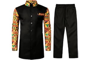 ZEROYAA Men's Kente Print Suit Long Sleeve Button up African Dashiki Shirt and Pants Ethnic 2 Piece Outfit