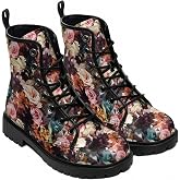 Jemnpela Women's Printed Ankle Boots with Flower Rose Colorful Floral Combat Boot Platform Lace-up Booties in Jeans Dress Comfortable Casual Fashion Custom Shoes for Travel Festival Party Daily
