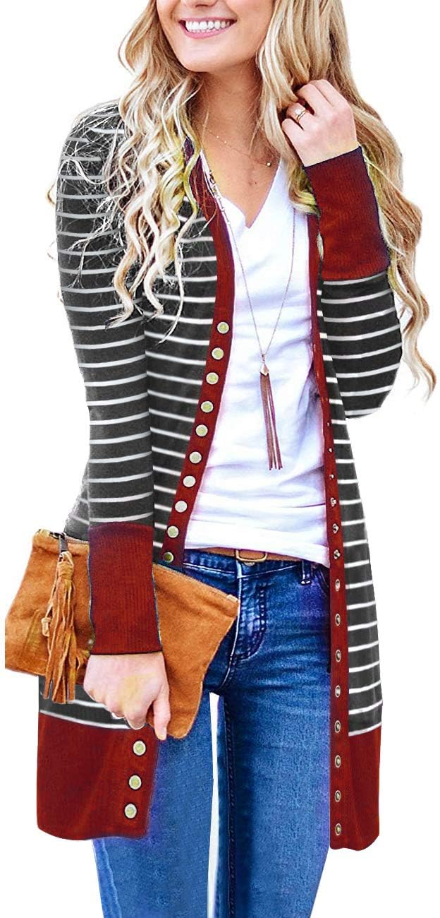 Kafadala Women's Snap Button Down Stripe Contrast Color V Neck Long Sleeve Cardigan Sweater Coat