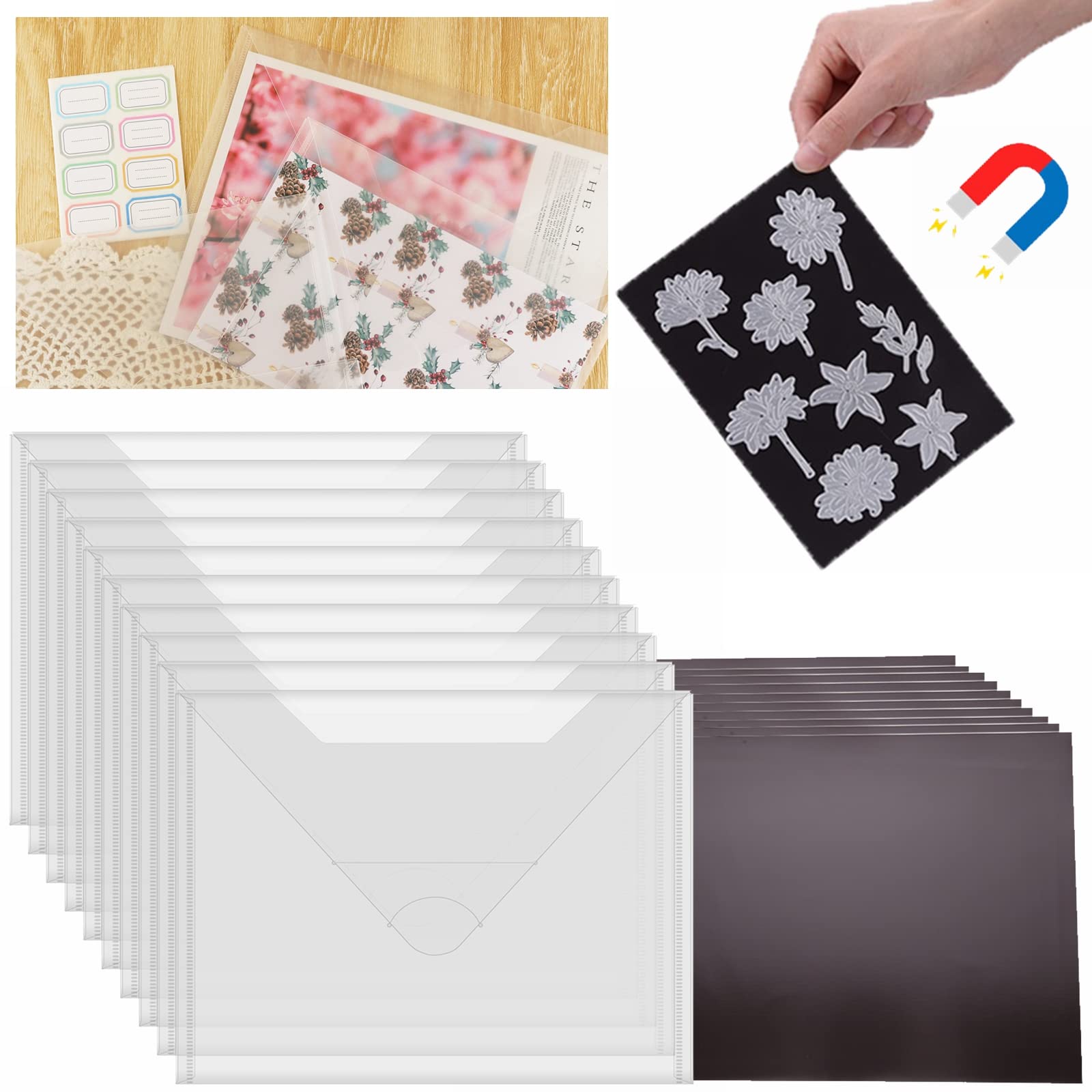 Briartw A4 Sized Large Stamp & Die Storage Clear Plastic Pockets with Magnetic Rubber Sheets Resealable for Cutting Dies Stencil Album Stamp Crafts DIY Scrapbooking Paper Card Craft Storage Envelope