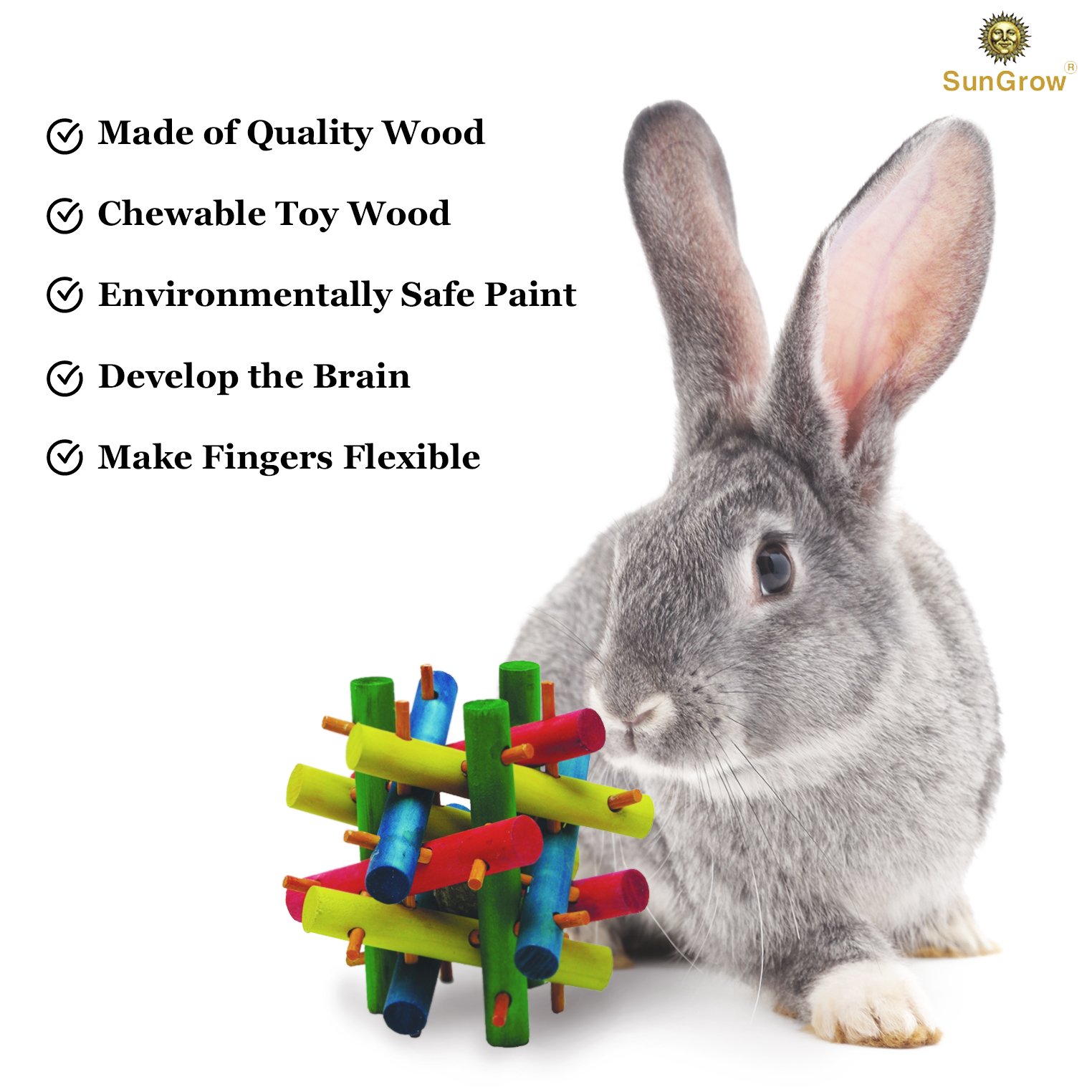 SunGrow Rabbit Wood Knot Nibble Toy: Suitable for Play and Chewing: Bright Colors: Natural Vegetable Dye: Provides stimulation & entertainment: For Rabbits, Guinea pigs & Chinchillas