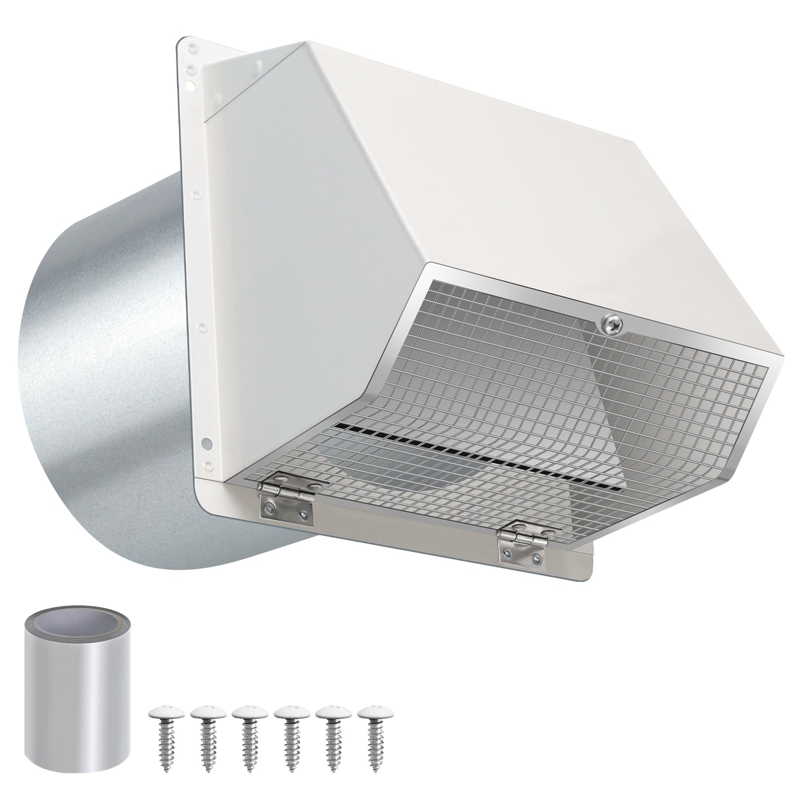 Photo 1 of 8 Inch Hooded Wall Vent with Screen and Damper,Outdoor Wall Exhaust Vent Cover Wall Cap for Exterior Kitchen Range Hood Ventilation Dryer HVAC Duct Air Exhaust, Galvanized Steel, White