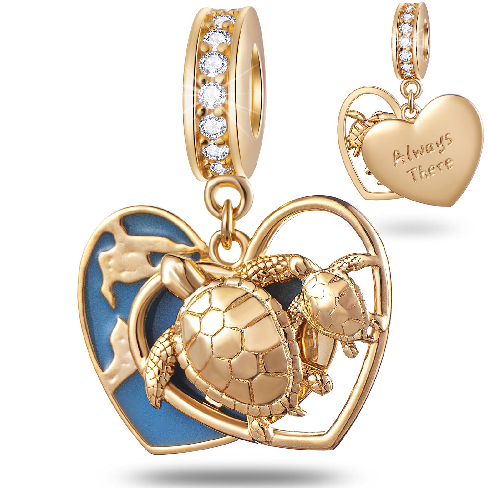 Mother Baby Sea Turtle Pendant Charms in 18K Yellow Gold Plated, fits Pandora Mothers Day Bracelet, Golden Mom Child Tortoise Beads, Gift for Grandma/Mama