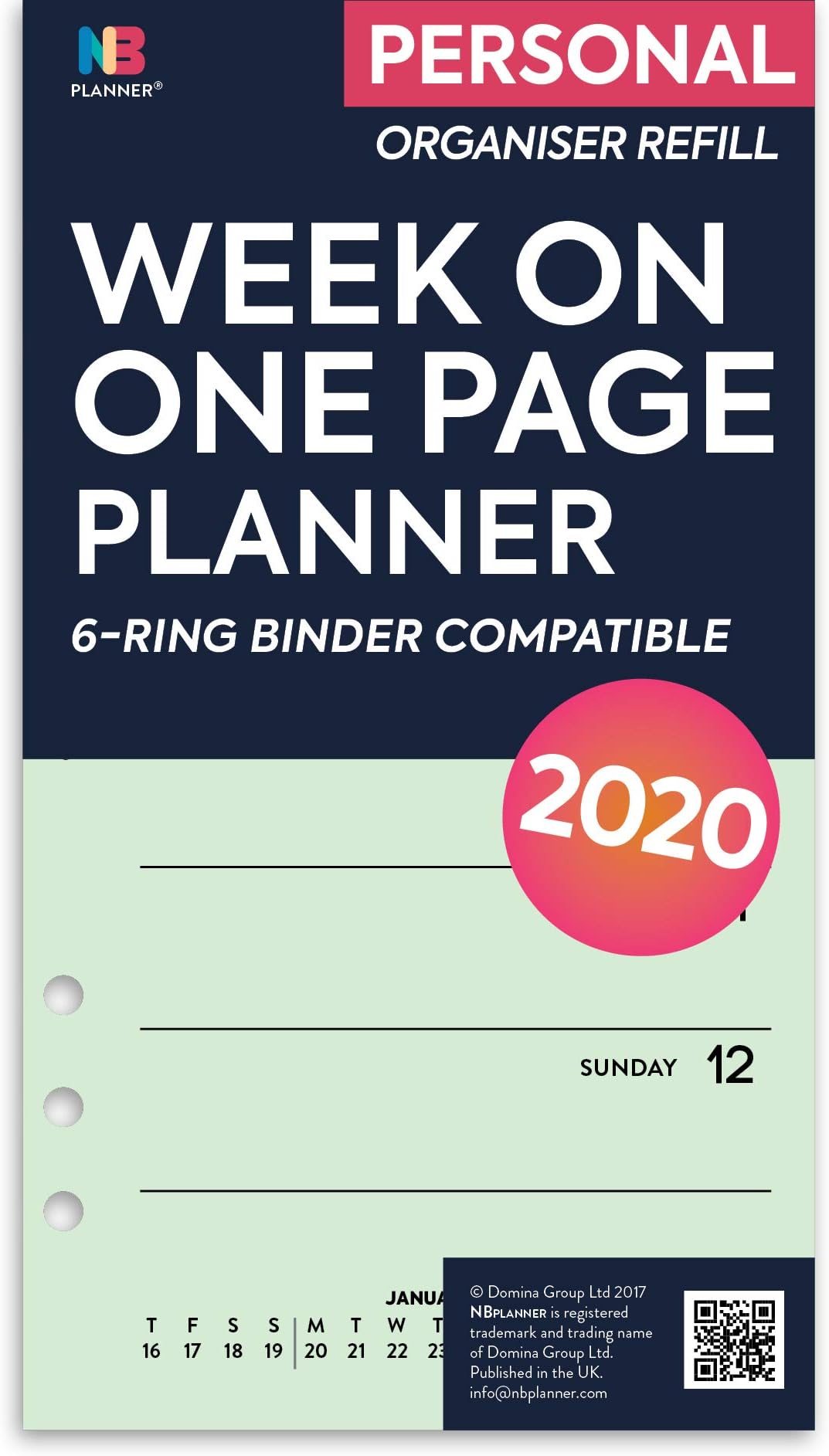 NBplanner® 2020 Week on one Page Diary Organiser Refill Planner Insert Filofax Compatible Mint (Personal: 95 x 171 mm)