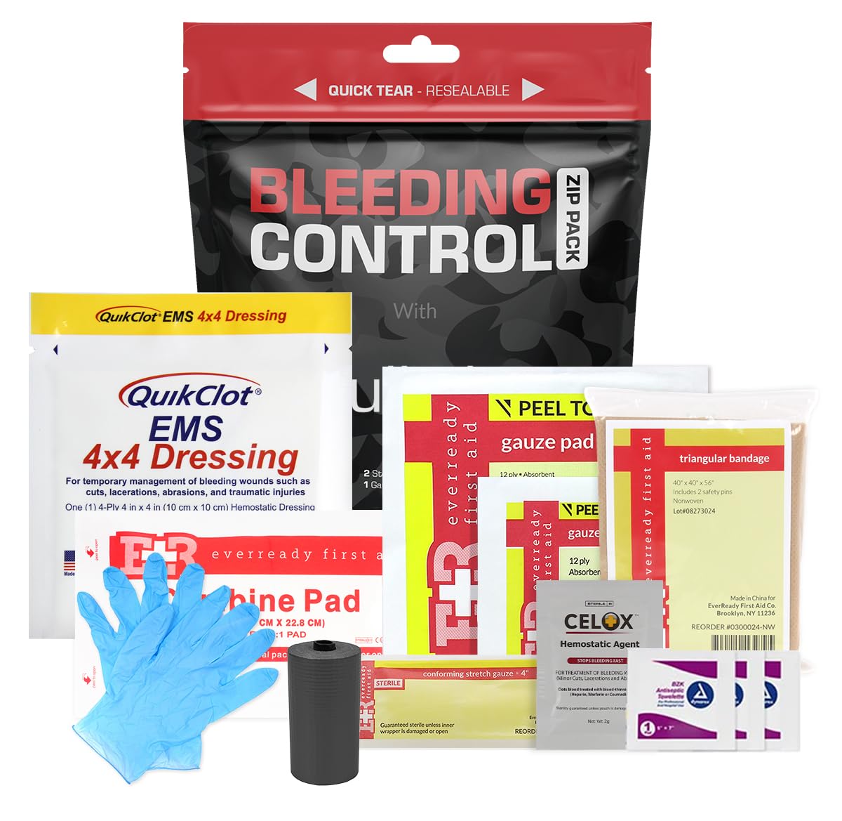 Bleeding Control Zip Pack with QuikClot, Celox, Gauze Pads, Triangular Bandage, BZK Wipes, Nitrile Gloves, Tape – Trauma First Aid Kit for Emergency Use