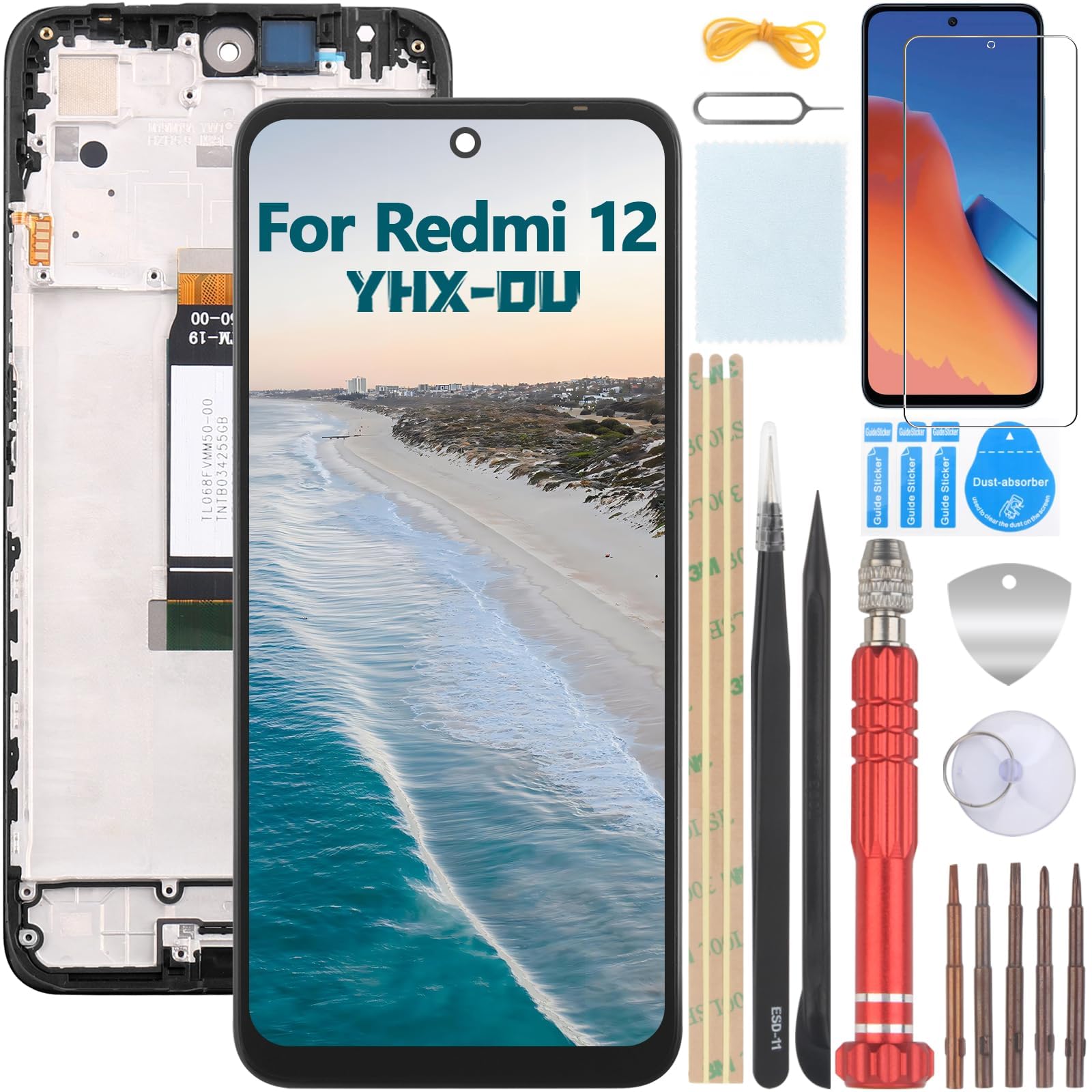 YHX-OU Screen Replacement for Xiaomi Redmi 12 LCD Display Compatible with Xiaomi Redmi 12 23053RN02A 23053RN02Y Touch Screen Digitizer Assembly 6.79 inches Black with Frame with Repair Tools