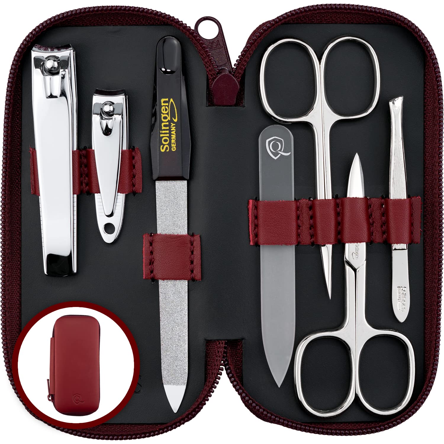 Solingen Manicure Set for Women & Men - 7-Piece Nail Kit Made in Germany with Patented Glass Nailfile - Handy and Soft Real Leather Case, Red