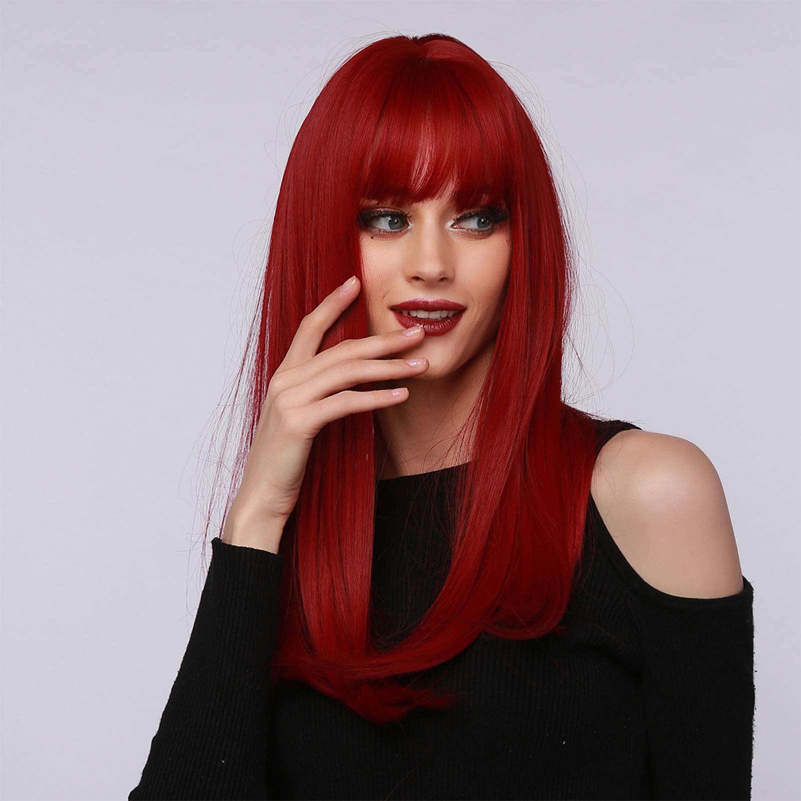 Women Wigs, Red Long Straight Wig High Temperature Fiber Fake Hair with Straight Bang Women 52cm Hair Weave Wig Ideal for Parties Halloween Role Playing