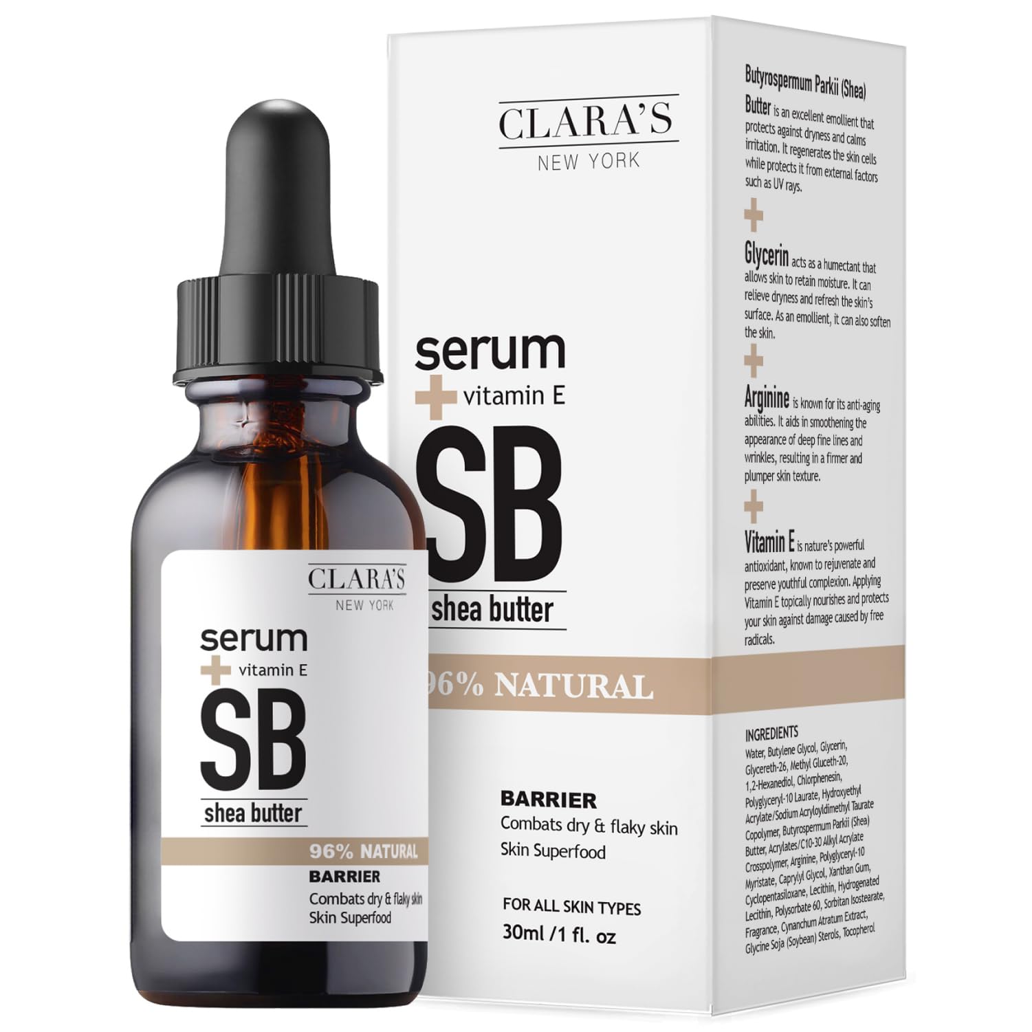 Clara's New York Barrier Shea Butter Facial Serum with Vitamin E Oil, Combats Dry and Flaky Skin, Moisturises and Protects Skin Barrier, Suitable For All Skin Types 30ml