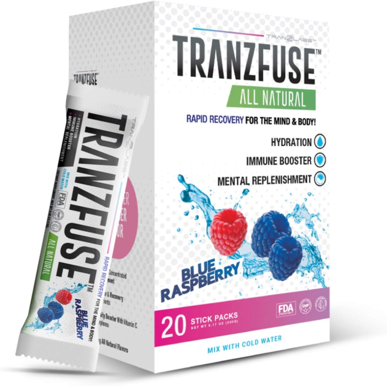 Tranzfuse - 1500 mg Vitamin C - 12 Essential Vitamins and Minerals -High Performance Hydration Packets (20 ct)